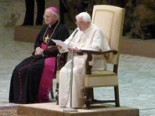 Pope Benedict XVI delivers a general audience reflection in Paul VI Hall. 