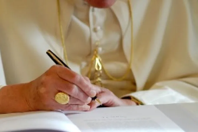 Pope Benedict XVI Signs the Second Encyclical of His Pontificate Credit LOsservatore Romano Vatican Pool Getty Images News Getty Images CNA Vatican Catholic News 12 20 12