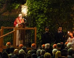 Pope Benedict XVI addresses the crowd in front of the shrine to Our Lady of Lourdes in the Vatican Gardens on May 31, 2012.?w=200&h=150