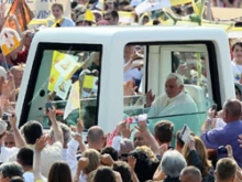 Pope Benedict moves through the crowd in his popemobile at World Youth Day in Madrid. 