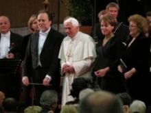 Pope Benedict XVI at the April 20 concert offered for him at the Vatican's Paul VI Hall for his birthday.