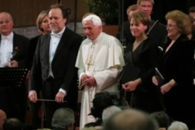 Pope Benedict XVI at the April 20 concert offered for him at the Vaticans Paul VI Hall for his birthday 2 CNA Vatican Catholic News 4 20 12