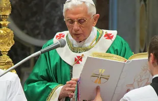 Pope Benedict XVI celebrates the closing Mass of the Synod for the New Evangelization Oct 28, 2012.   Anne Hartney/CNA.