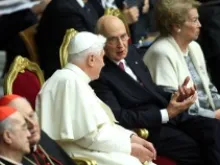 Pope Benedict chats with Italian president Giorgio Napolitano during a concert for the fifth anniversary of his pontificate. 