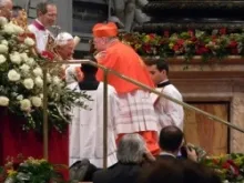 Pope Benedict XVI receives Cardinal Timothy Dolan and gives him his biretta on Feb. 18, 2012