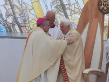 Pope Benedict embraces Archbishop Charles Chaput at the June 3, 2012 closing Mass in Milan. CNA/World Meeting of Families.
