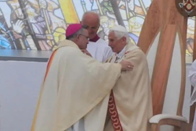 Pope Benedict XVI greets Archbishop Charles J Chaput in Milan at the World Meeting of Families CNA US Catholic News 6 4 12