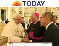 Screenshot of Pope Benedict XVI greeting Matt Lauer from the Today show and Archbishop Timothy Dolan. ?w=200&h=150