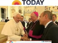 Screenshot of Pope Benedict XVI greeting Matt Lauer from the Today show and Archbishop Timothy Dolan. 