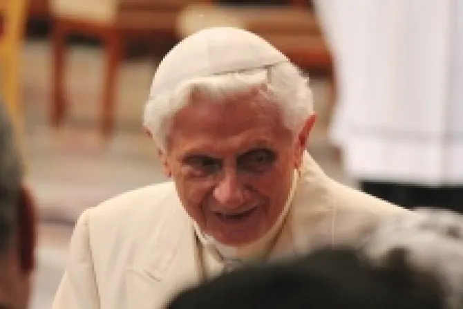 Pope Benedict XVI greets participants at the Feb 22 Consistory in St Peters Basilica Feb 22 2014 Credit Lauren Cater CNA 2 CNA 2 22 14