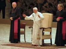 Pope Benedict XVI greets pilgrims during the Nov. 14, 2012 general audience in Paul VI Hall. 