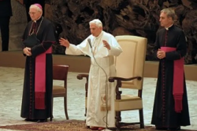 Pope Benedict XVI greets pilgrims during the Wed Gen Audience in Paul VI Hall Nov 14 Credit Matthew Rarey CNA 2 CNA Vatican Catholic News 11 14 12