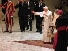 Pope Benedict XVI greets pilgrims during the Nov. 14, 2012 general audience in Paul VI Hall. 
