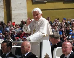 Pope Benedict XVI at the April 18, 2012 general audience. CNA file photo.?w=200&h=150