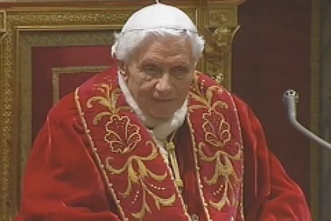 Pope Benedict XVI participates in a farewell audience with cardinals on Feb 28 2013 in the Clementine Hall Credit CTVCNA