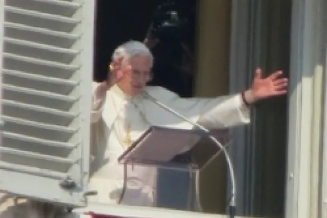 Pope Benedict XVI responds to the crowd at the Feb 17 2013 Angelus Credit  Stephen Driscoll CNA2