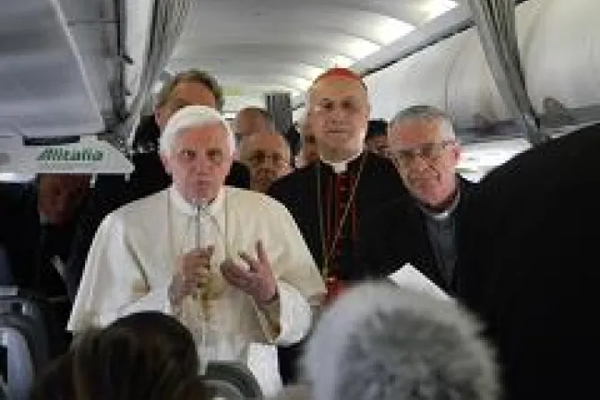 Pope Benedict XVI speaking to journalists on the flight to Edinburgh Scotland on Thursday morning