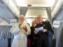 Pope Benedict XVI speaks during an in-flight press conference on his way to Lebanon. 