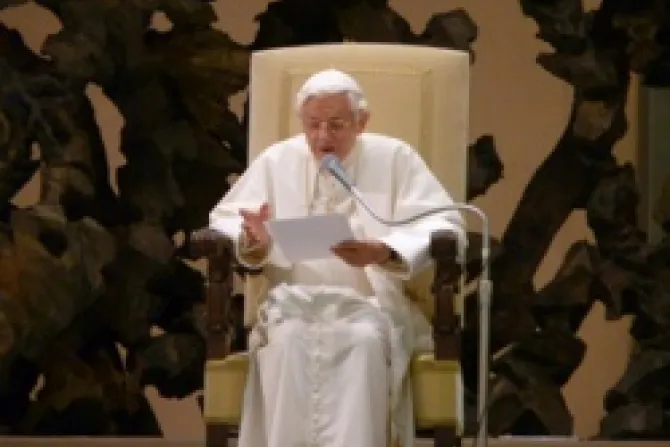 Pope Benedict XVI speaks during his wednesday general audience in Paul VI Hall 2 CNA Vatican Catholic News 6 27 12