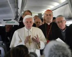 Pope Benedict speaks to reporters aboard the papal plane ahead of his visit to the UK in Sept. 2010?w=200&h=150