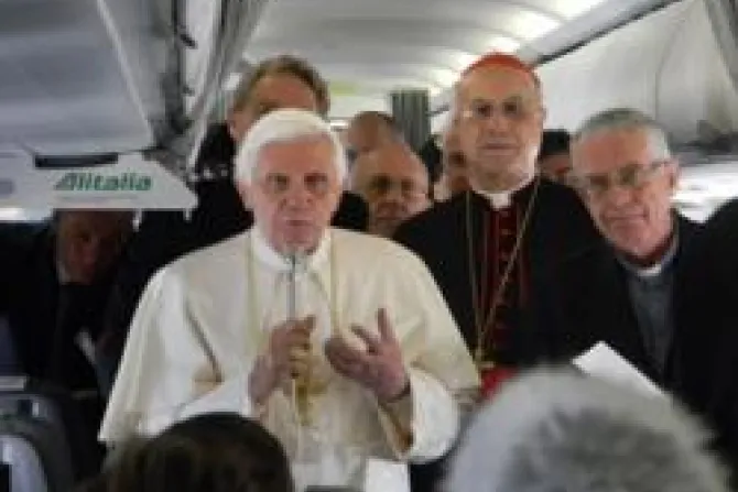 Pope Benedict XVI speaks on his Papal Plane CNA340x269 US Catholic News 8 18 11