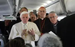 Pope Benedict XVI speaks to journalists aboard the papal plane?w=200&h=150