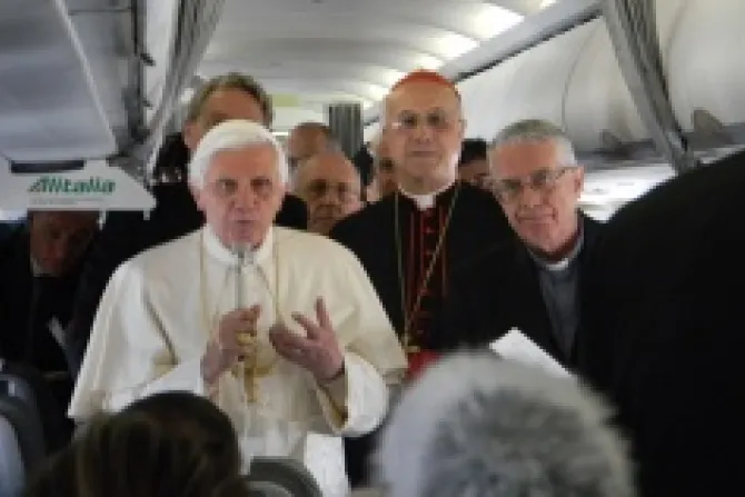 Pope Benedict XVI speaks on his Papal Plane CNA500x315 US Catholic News 8 18 11