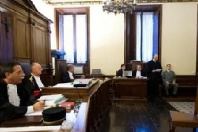 Pope Benedicts former butler Paolo Gabriele R sits at the start of the trial September 29 at the Vatican Credit LOsservatore Romano CNA Vatican Catholic News 10 3 12