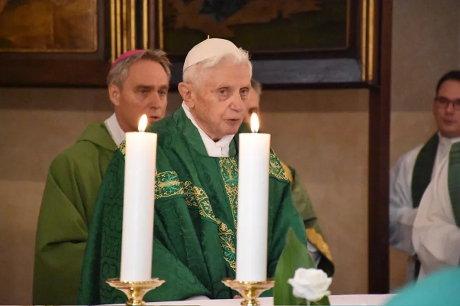 Benedict XVI says Mass at the chapel of the Vatican's Teutonic Cemetery for his former students at their annual gathering, Aug. 30, 2015. ?w=200&h=150