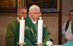 Benedict XVI says Mass at the chapel of the Vatican's Teutonic Cemetery for his former students at their annual gathering, Aug. 30, 2015.   Ratzinger Foundation.