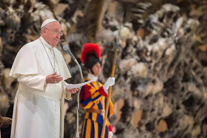 Pope Francis 1 at the Vaticans Paul VI Hall on April 10 2015 Credit   LOsservatore Romano CNA 4 10 15