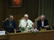Pope Francis speaks at a conference in Rome on the link between climate change and human trafficking, July 21, 2015. 