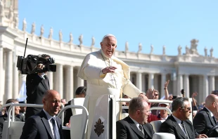 Pope Francis at the General Audience in St. Peter's Square, May 4, 2016.   Daniel Ibanez/CNA.