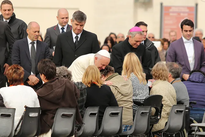 Pope Francis 1 embraces the sick at the general audience in St Peters Square Nov 18 2015 Credit Daniel Ibanez CNA 11 18 15