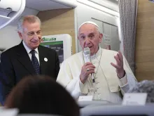 Pope Francis aboard the papal flight from Cuba to Washington, D.C., Sept. 22, 2015. 