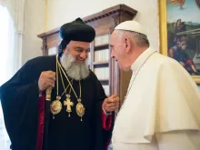 Pope Francis speaks with Ignatius Aphrem II, Syriac Orthodox Patriarch of Antioch, at the Vatican, June 19, 2015. 