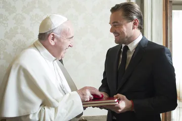 Pope Francis 2 meets with actor Leonardo di Caprio in Vatican City Jan 28 2016 Credit LOsservatore Romano CNA 1 28 16