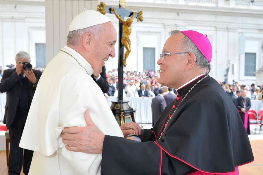 Pope Francis greets Archbishop Charles Chaput of Philadelphia at the General Audience in St. Peter's Square, June 24, 2015. ?w=200&h=150