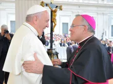 Pope Francis with Archbishop Charles Chaput at the Wednesday general audience in St. Peter's Square on June 24, 2015. 