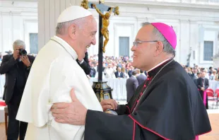 Pope Francis embraces Archbishop Charles Chaput of Philadelphia at the General Audience in St. Peter's Square, June 24, 2015.   L'Osservatore Romano.