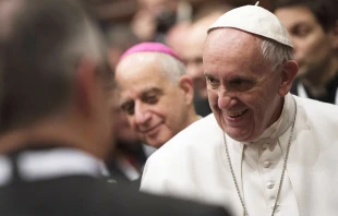 Pope Francis meets with the Missionaries of Mercy at Sala Regia on Feb. 9, 2016.