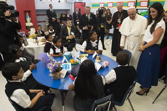 Pope Francis 3 visits Our Lady Queen of Angels School in East Harlem New York Sept 25 2015 Credit LOsservatore Romano CNA 9 25 15