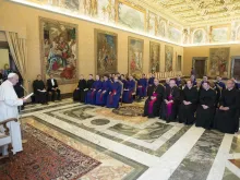 Pope Francis meets with the seminarians and staff of the Pontifical Scots College in the Vatican's Consistory Hall, April 14, 2016. 