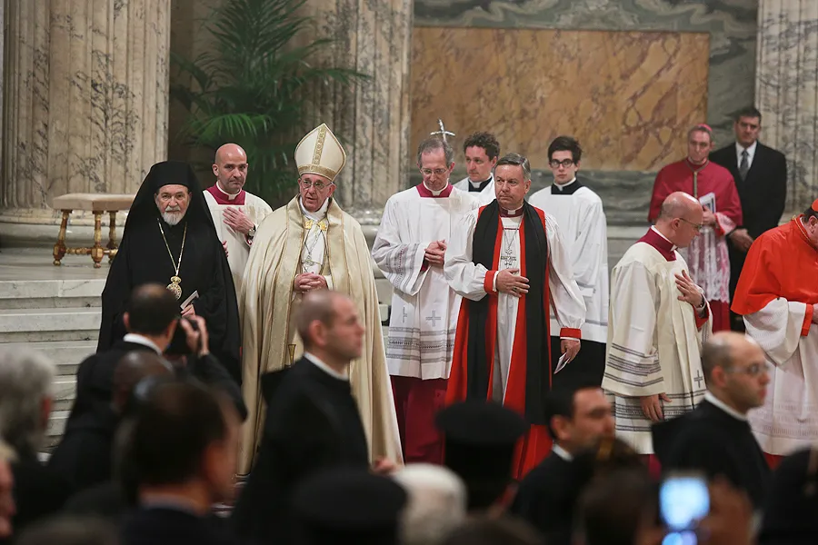 Pope Francis at an ecumenical Vespers at the Basilica of St. Paul Outside the Walls, with Orthodox Metropolitan Gennadios and David Moxon, an Anglican bishop, Jan. 25, 2016. ?w=200&h=150