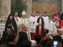 Pope Francis at an ecumenical Vespers at the Basilica of St. Paul Outside the Walls, with Orthodox Metropolitan Gennadios and David Moxon, an Anglican bishop, Jan. 25, 2016. 