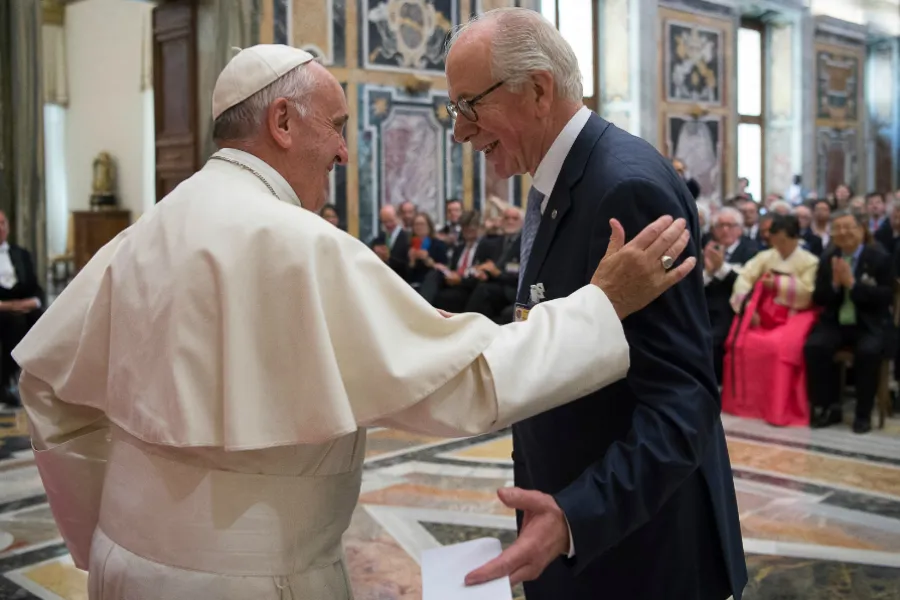 Pope Francis greets the head of the Centesimus Annus pro Pontifice Foundation in the Vatican's Clementine Hall, May 13, 2016. ?w=200&h=150