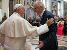 Pope Francis greets the head of the Centesimus Annus pro Pontifice Foundation in the Vatican's Clementine Hall, May 13, 2016. 