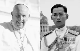 Pope Francis.   Daniel Ibanez/CNA. Bhumibol Adulyadej. Credit: Public Domain, Wikipedia.