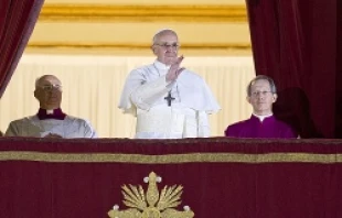 Pope Francis appears on the balcony of St. Peter's Basilica just after his March 13, 2013 election.   Jeffrey Bruno/CNA.