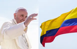 Pope Francis.   Polifoto/Shutterstock. Flag of Colombia. Credit: J. Stephen Conn via Flickr (CC BY-NC 2.0).